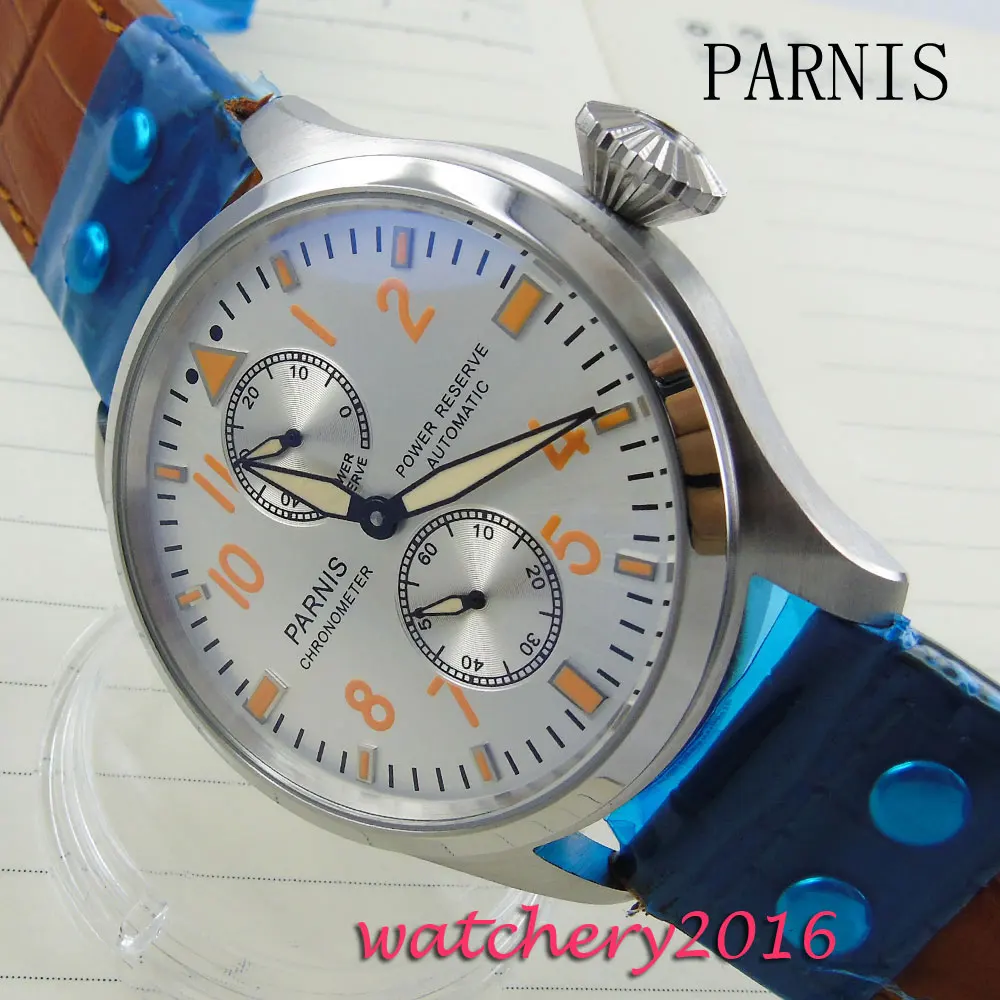 

47MM PARNIS white Dial Steel deployment clasp Luxury Top Brand Chronograph Power Reserve ST Automatic movement men's Watch