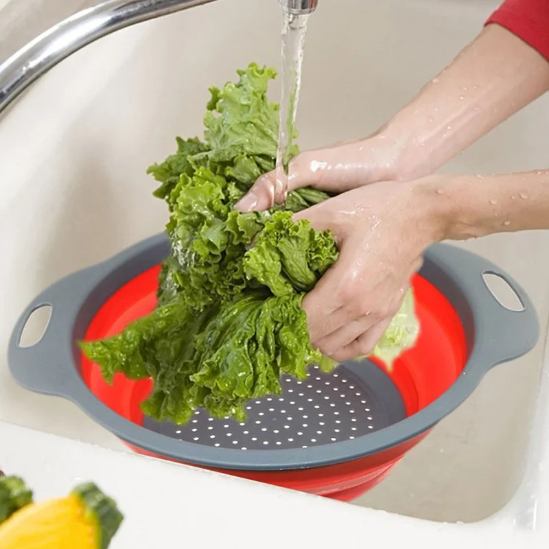 

Foldable Silicone Fruit Vegetable Washing Basket Strainer Collapsible Drainer with Handle Kitchen Basin Tools