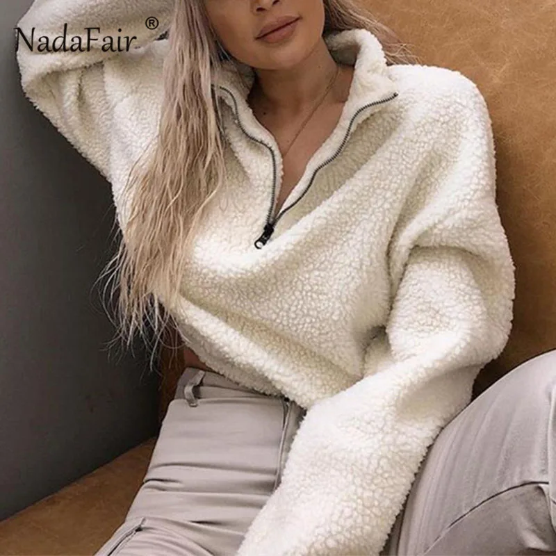  Nadafair Long Sleeve White Cropped Hoodie Women Autumn Winter Pullover Short Sweatshirt Plush Zippe