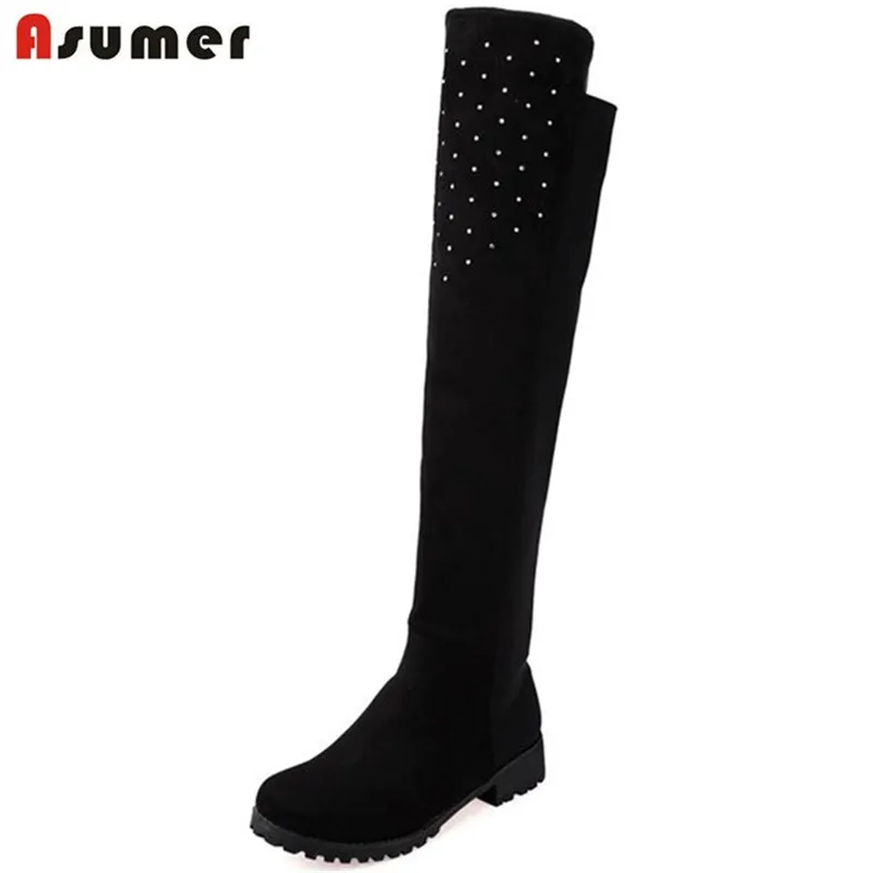 

ASUMER Rhinestone elegant women boots work office lady over the knee boots flock suede long boots solid autumn winter
