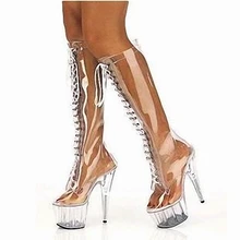 Прозрачные пикантные женские сапоги до колена из латекса на платформе с тонким каблуком 6 дюймов на шнуровке сапоги для ночного клуба SM