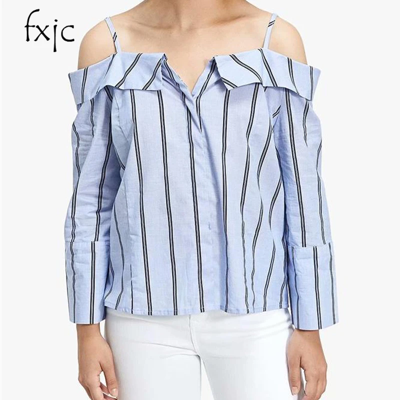Elegant women's new off the shoulder strap striped shirt word collar