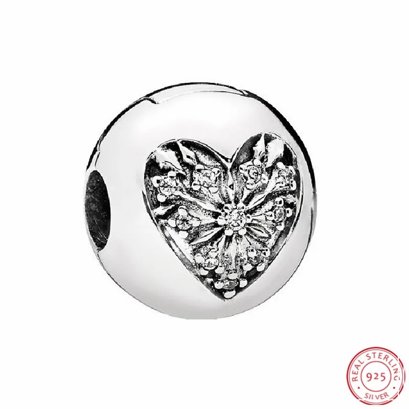

High Quality 925 Sterling Silver Heart of Winter Clip Beads with Clear CZ DIY Fit PANDORA Charms for Women Jewelry Making CL041