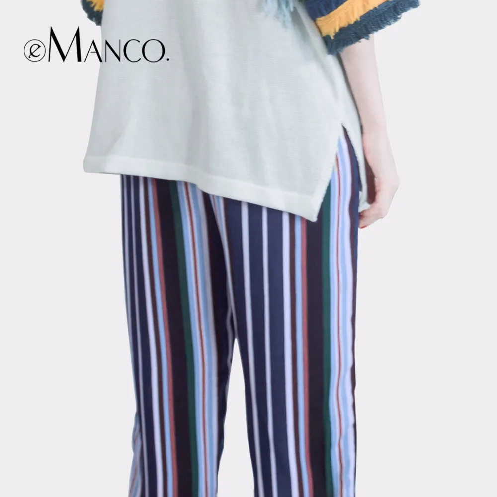 e-Manco Fashion Women Pants 100% cotton Classic Stripe Ankle Length Pants Casual Trousers For Women Clothes LR2064