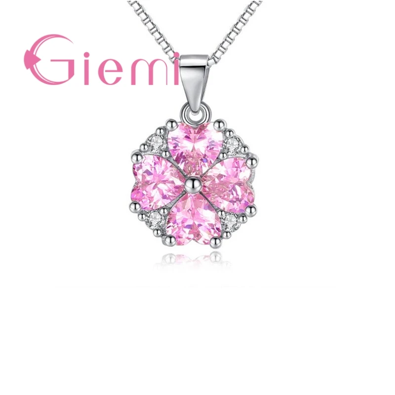 

Romantic Lucky Jewelry Pendant Necklace 925 Sterling Silver Pink Rhinestone For Women Girl Best Birthday Gift Wholesale
