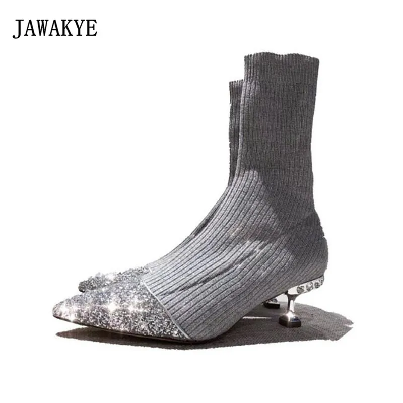 

2018 Spring Sequined Knit Sock Boots Woman Shiny Pointed Toe Rhinestone Strange Heel Short Boot Women Stretch Ankle Boot JAWAKYE