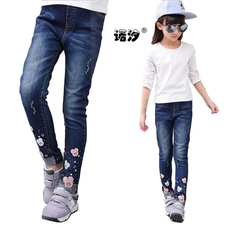 Одежда для девочек детские Длинные Стильные хлопковые джинсы джинсовые брюки для подростков от 4 до 13 лет узкие брюки для девочек повседневные штаны для маленьких девочек