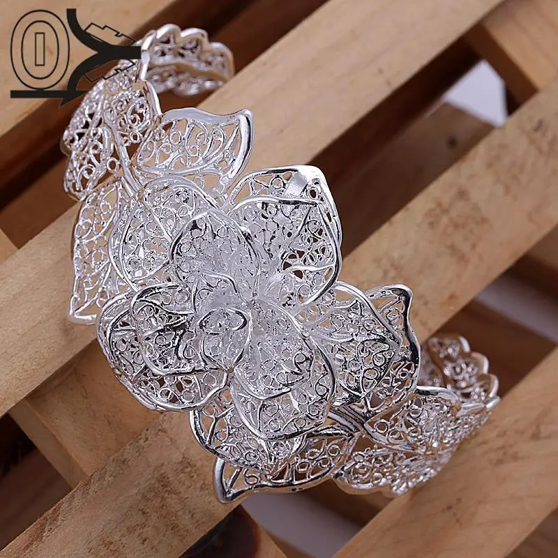 Посеребренный ювелирный набор, Дешевые вечерние свадебные наборы, большой цветок модное серебряное ожерелье браслет серьги кольцо для женщин