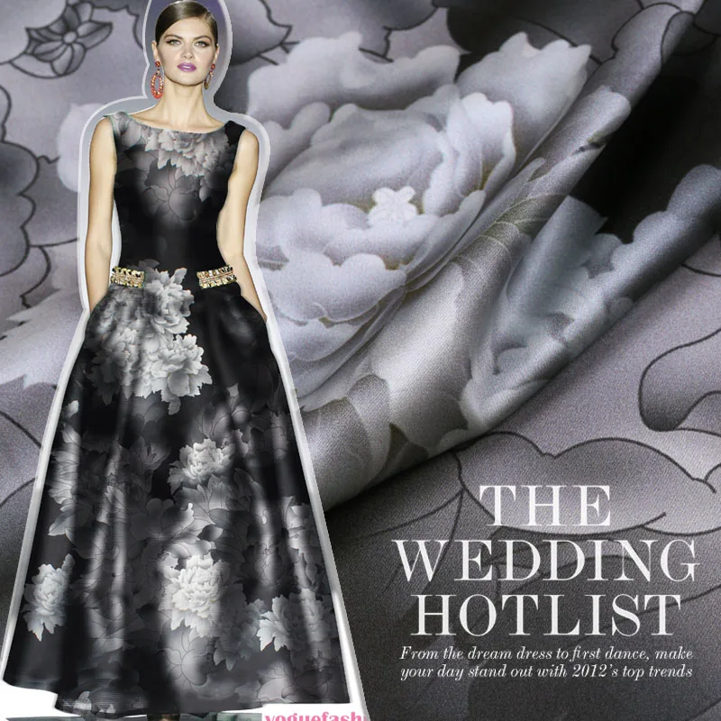 

2019 natural Silk Fabric mulberry Peony Floral Print Black and White flower Stretch satin dress material Width 42inch/108cm