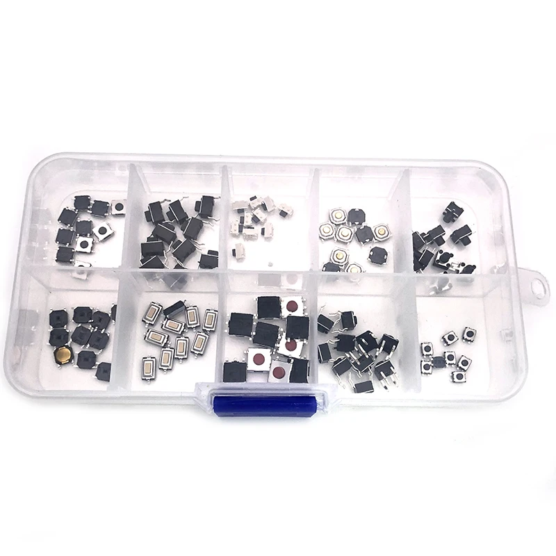 

10Types=100pcs/lot Assorted Micro Push Button Tact Switch Reset Mini Leaf Switch SMD DIP 2*4 3*6 4*4 6*6 Switch box