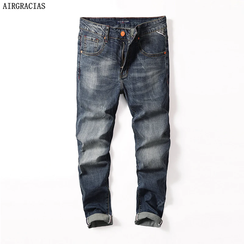 AIRGRACIAS бренд Для мужчин джинсы Прямые джинсы джинсовые хлопковые повседневные брюки промывают Ретро Жан для мужчин длинные брюки 28-40