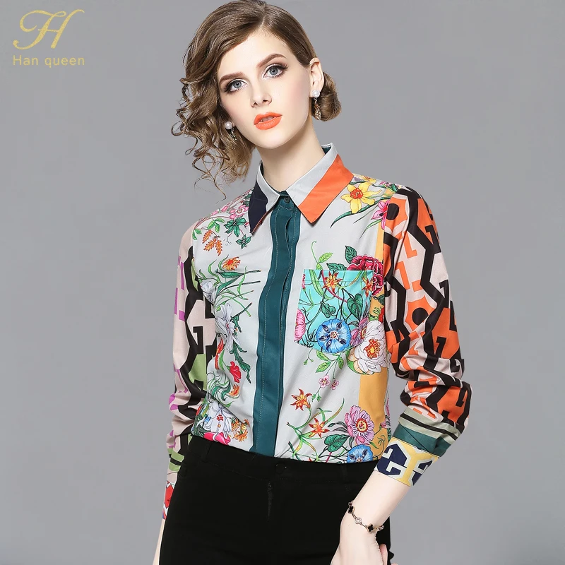 poet shirt H Han Queen Women Vintage floral Print Ladies Tops chiffon Long sleeve Casual Blouse Female Work Wear Office Shirts white blouse for women