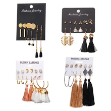 5 пар/компл. смешанные винный бар черного цвета с бахромой в виде кованого диска круглые серьги-гвоздики Комплект сережек для женщин и девочек длинные модные серьги ювелирные изделия