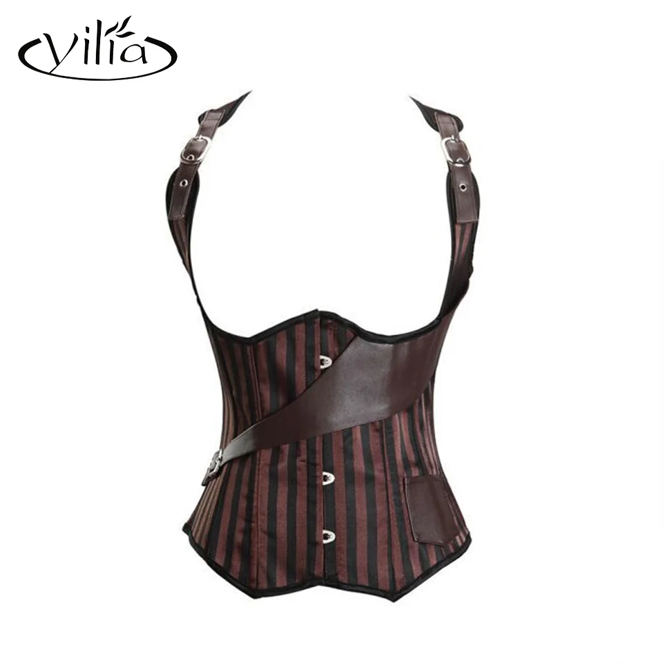 yilia 2016 Sexy PU Leather Bustiers and Corsets Women Steampunk Lingerie Brown Striped Laced Up