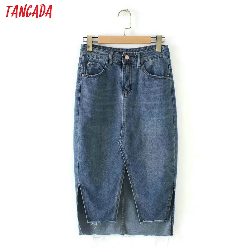 

Tangada women female denim jeans skirts asymmetric side spilt button ladies sexy retro mid calf length skirt 2X27