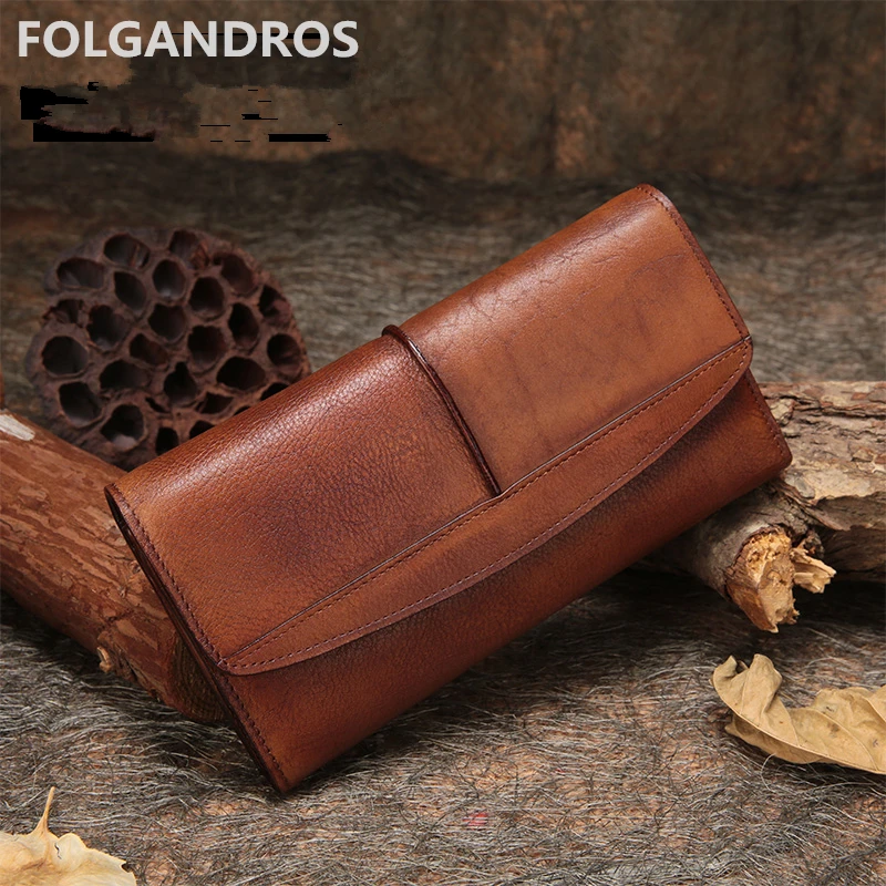 

2018 Vintage Genuine Leather Women Wallet Designer Handmade Large Capacity Day Clutch Wallet Lady Cowhide Coin Cell Phone Pocket