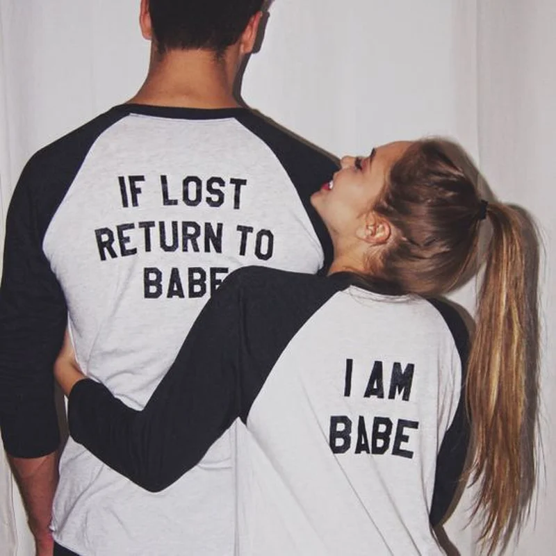 

Cute Women New Couple Top Tee Lover O-neck If Lose Return To Babe I Am Babe Letter Print Long Sleeve Ringer T-shirt Valentine
