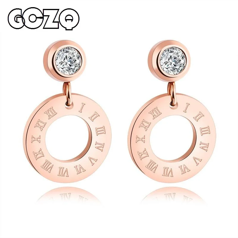 

GCZQ Women Earrings Circle Design Stud Earring Roman Numerals Rose Gold Color Cubic Zirconia Earrings Jewelry Gift