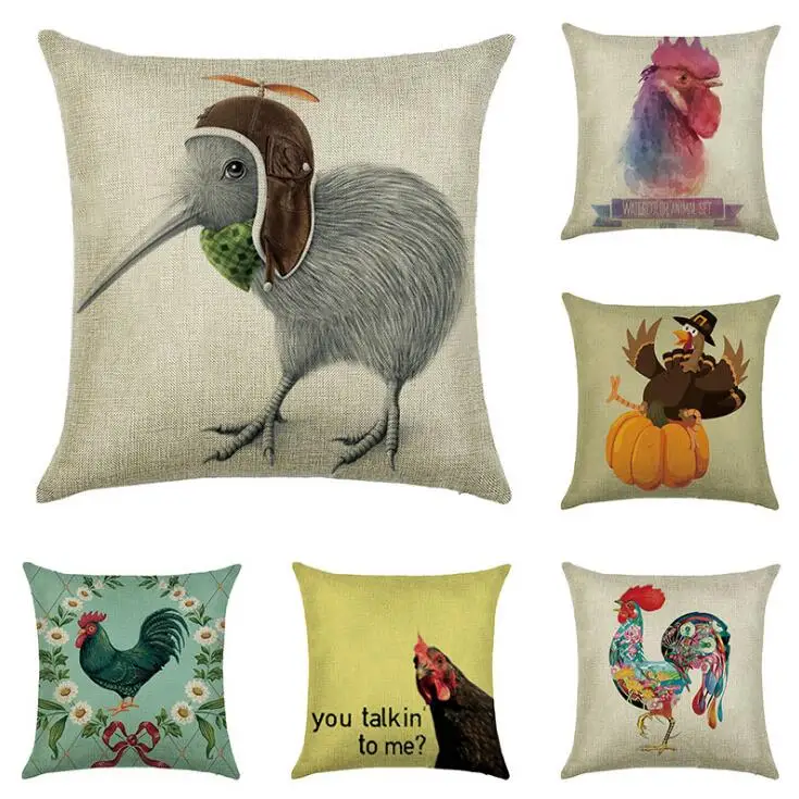 

Colorful Chicken Art Cushion Cover Cutton Linen Sofa Car Sofa Bedroom Home Decorative Throw Pillow Textile Printed Pillowcase