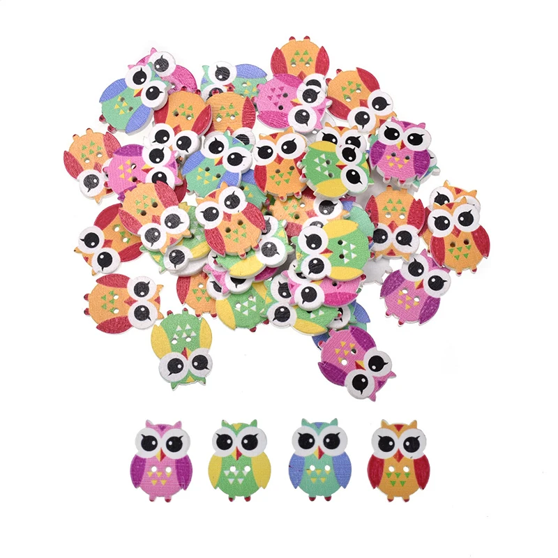 

50pc Owl Shaped Wooden Buttons Mixed Color 2 Holes Sewing Crafting Scrapbooking Flatback Buttons For Women Mom Sewing Tools