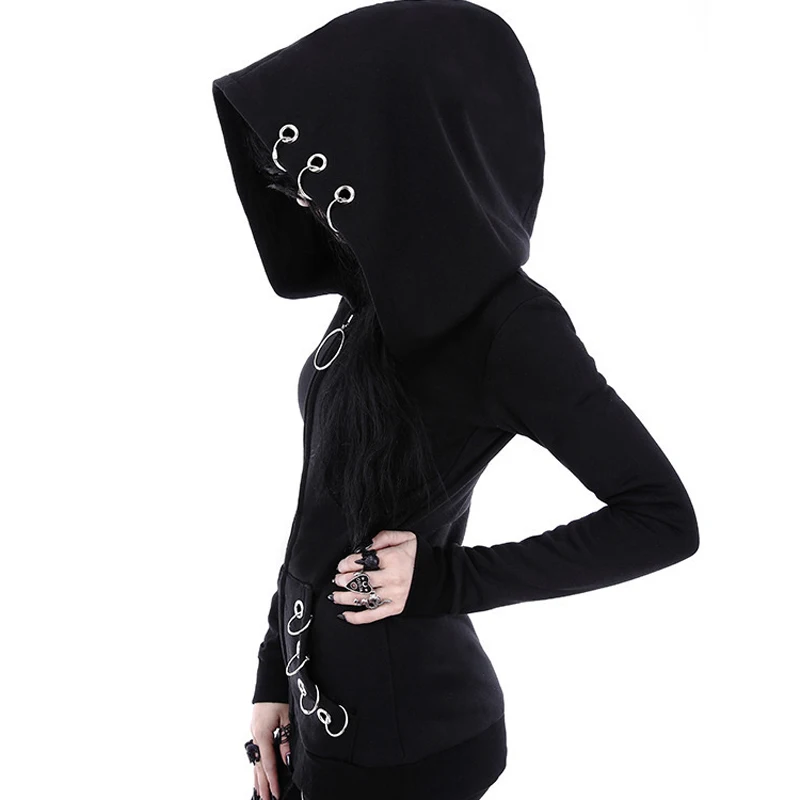 

Gothic Black Long Sleeve Hooded Women's Sweatshirt Punk Kpop Zipper Women's Hoodies 2019 Spring Autumn Women Hoody Plus Size 5XL