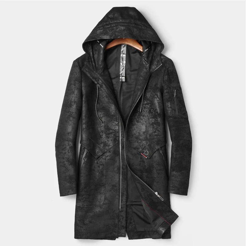 Real Leather Suede Jacket Hood Men Genuine Leather Coat Vintage Black Leather Jacket Long Fashion Leather Jacket Hooded 2018 New