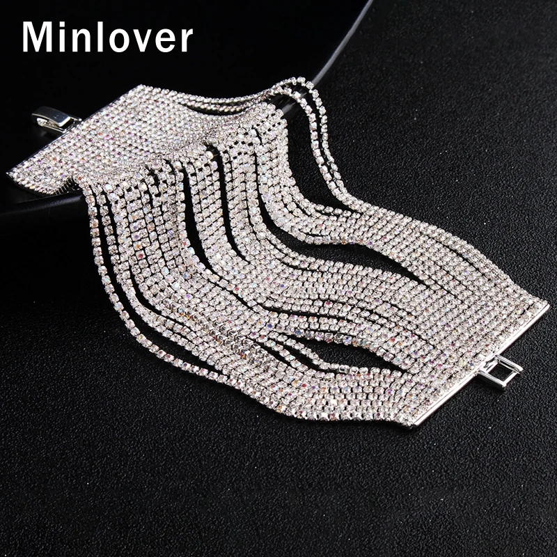 

Minlover 28 Rows AB Crystal Prong Setting Wedding Charm Bracelets for Women Tassel Link Chain Tennis Bride Bracelet Bangle SL379