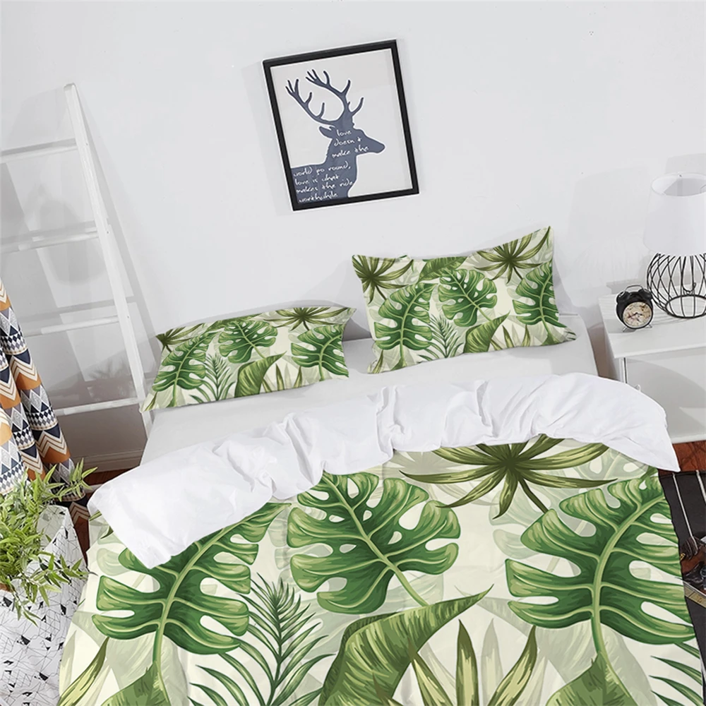 Тропические Зеленые постельные принадлежности с изображением листьев набор летний дизайн пододеяльник набор пальмовых листьев печатные постельные принадлежности Твин Полный Королева Король постельное белье