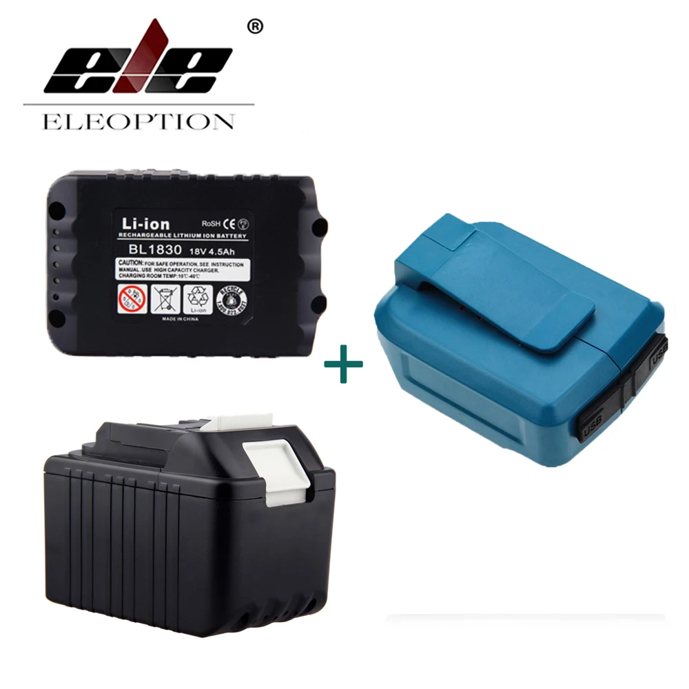

ELEOPTION 2PCS 18V 4500mAh Li-Ion Rechargeable Power Tools Battery For Makita BL1830 BL1815 194204 5 + Dual USB Charger Adapter