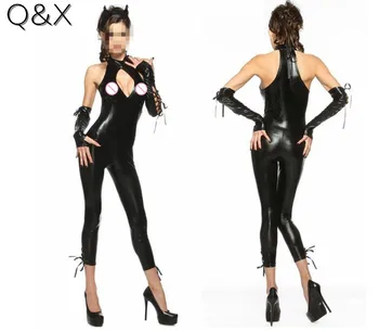 

MR30 2017 NEW Arrival Adult Faux Leather Halter Jumpsuit Sexy PU Cat Woman Catsuit Black Halloween Costume Bodysuit With Gloves