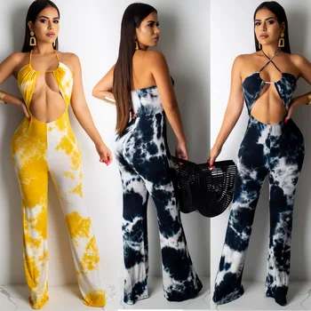 

Bikini style wrapped breast spaghetti with hanging neck jumpsuit floor-length straight wide leg sexy nightclub jumpsuit 2color