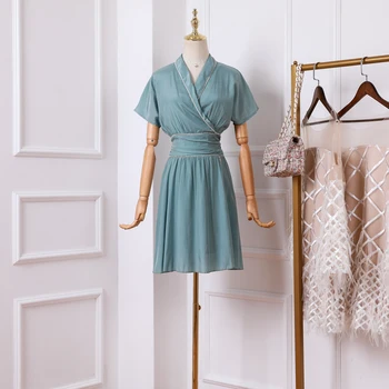 

Fashion temperament popular dress summer 2019 new French retro V-neck slim dress women's Party Dresses