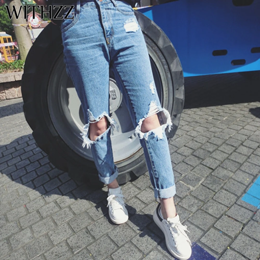WITHZZ Высокая талия рваные джинсы женские свободные джинсы, женские брюки бриджи винтажные женские рваные брюки рваные прямые брюки