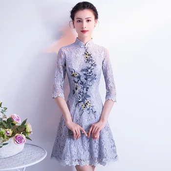 

Embroidery Mini Qipao Lace Chinese Tradition Wedding Cheongsam Modern Robe Chinoise Gray Qi Pao Vintage Oriental Dresses