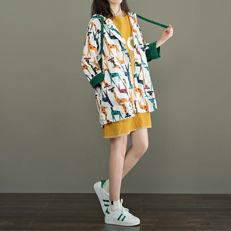 

Hooded cotton linen thin trench coat female spring autumn new women style art print large size loose casual windbreaker coats d3