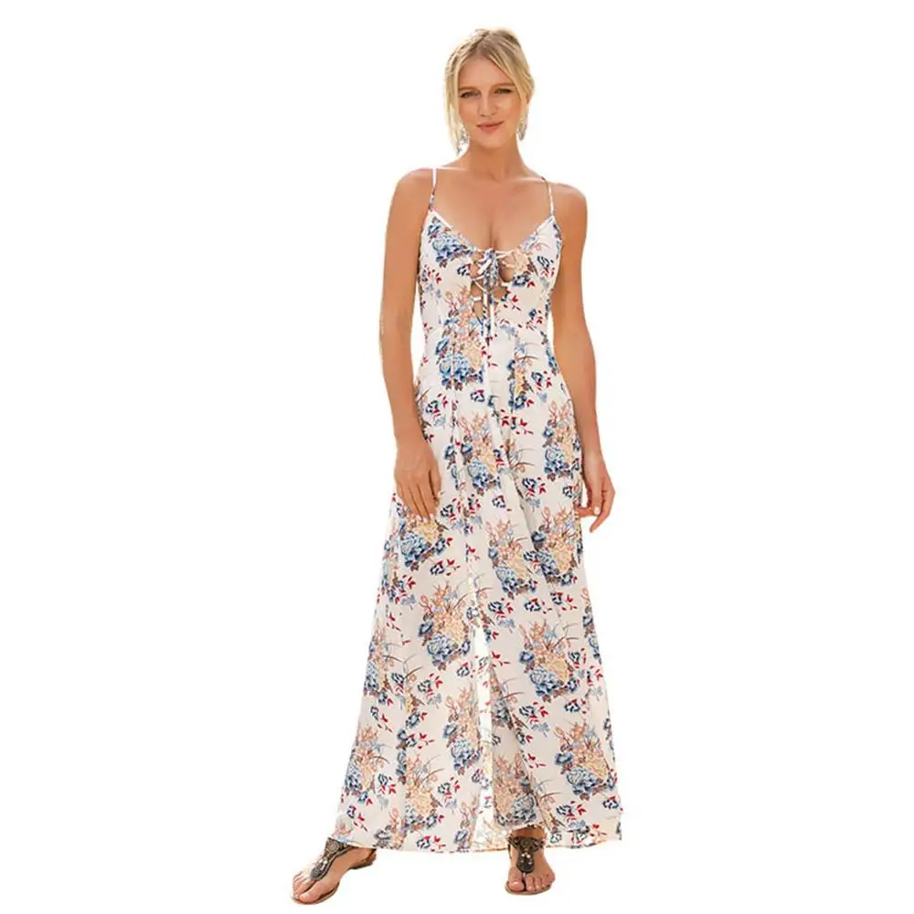 

Womens Cross Strappy Boho Maxi Long Swing Dress Vintage Floral Sexy Backless V-Neck Hollow Out Front Side Split Beach Sundress