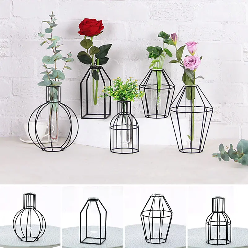 

4 Style Wrought Iron Vase Creative Flowerpot Hydroponic Flower Stand Vases Desktop Home Decoration Conainer Soliflore Verre