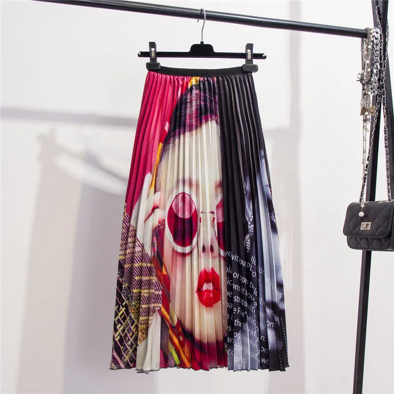 Лето-осень, плиссированная юбка с рисунком из мультфильма, высокая уличная стильная длинная юбка макси, высокая эластичная юбка из тюля для женщин, Faldas - Цвет: C1