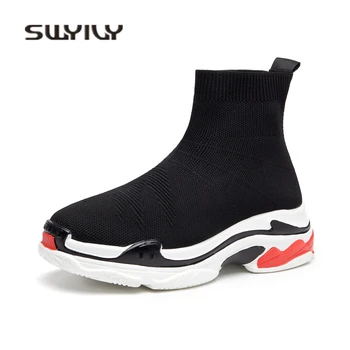 

SWYIVY Sneakers Woman Platform 2018 Thick Heel Woman Casual Shoes 44 Plus Size High Top Knitted Woman Leisure Ankle Boots Fabric