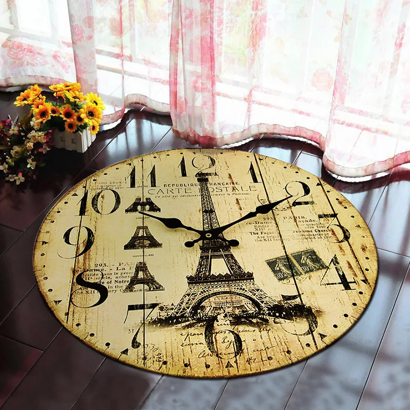 

3D style round mat non-slip Retro clock Wood grain stone pattern round carpet Custom pattern logo bedroom rug wooden floor mat