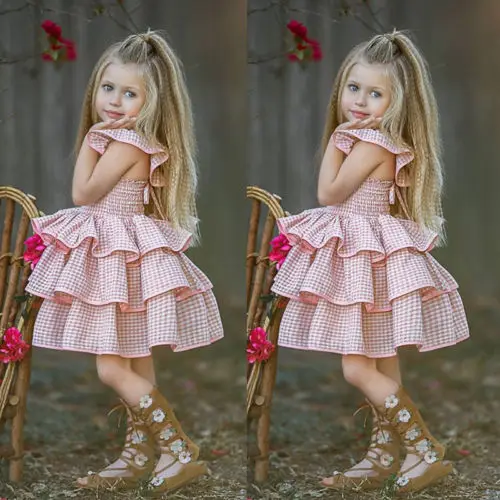 

2018 New Style Kid Girl Plaid Dress Summer Baby Girl Check Ruffle Layer Dress Princess Party Pageant Tutu Dress Children Clothes