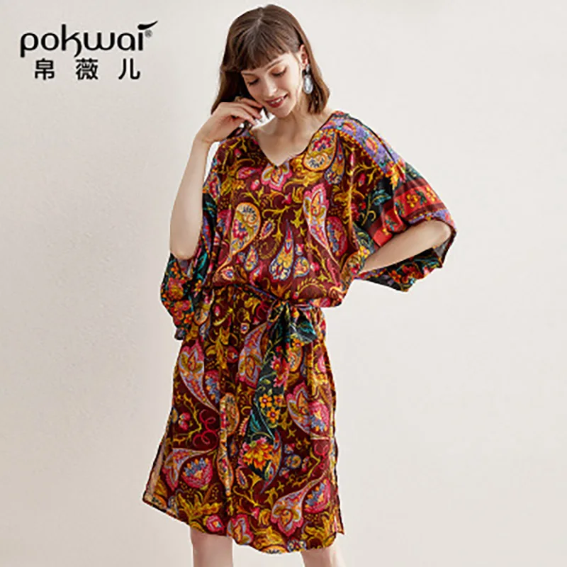 2019 Zomer Nieuwe Vrouwen Gedrukt Zijden Jurk Bat Mouwen Taille Losse Casual Stiksels Losse Taille Retro Patroon Kleur Taille Jurk 2019 Zomer Nieuwe Vrouwen Gedrukt Zijden Jurk Bat Mouwen Taille Losse Casual Stiksels Losse Taille Retro Patroon Kleur Taille Jurk