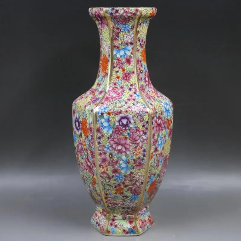 

Jingdezhen antique handicrafts Qing Dynasty qianlong enamel Golden Hexagonal Flower vase antique collection ornaments