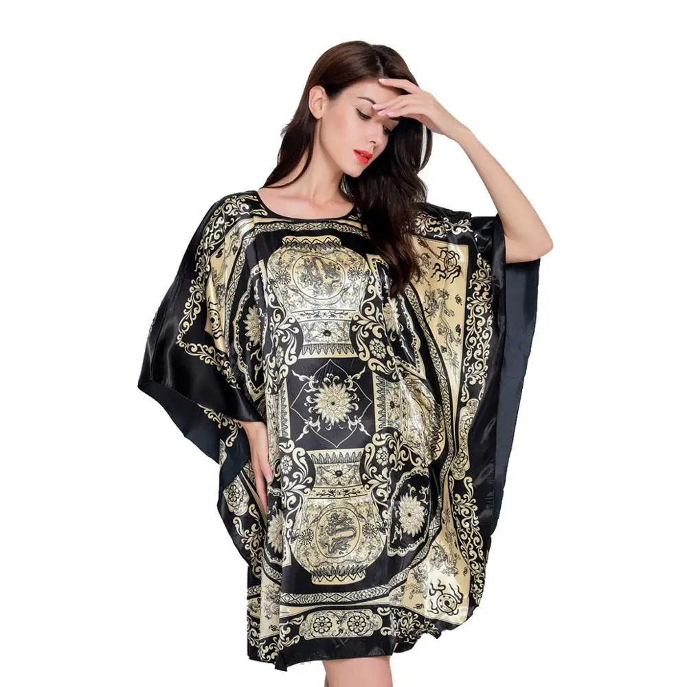 

Plus Size Printed Women Sleepwear Rayon Satin bat-sleeved Nightgown Loose Short Nightdress Casual Nightwear Home Dress Lady Gift