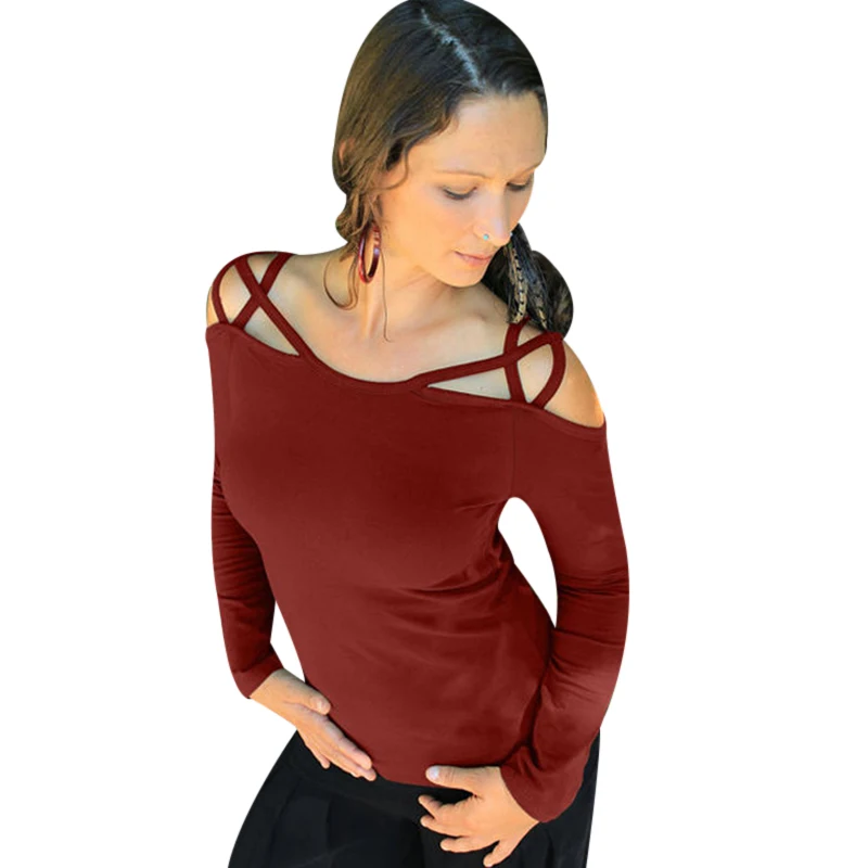 الأزياء قبالة الكتف قميص المرأة الخريف طويلة الأكمام القمصان النسائية الجوف خارج تي قمم السيدات سليم الصلبة تي شيرت blusas f3
