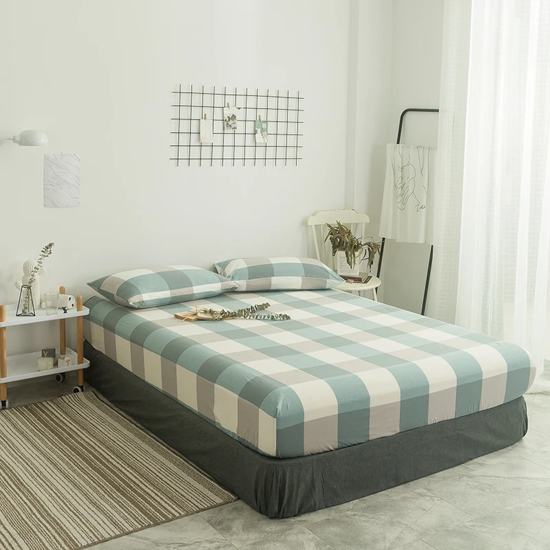 

Bed Sheet With Pillowcase Light Blue Large Plaid Pattern Bed Linen Queen Size Mattress Covers Fitted Sheet Sets 180x200cm Size