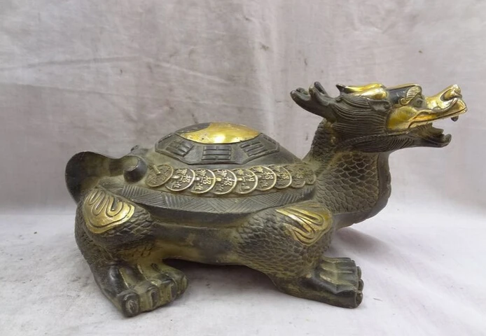 

S2493 10" Chinese Bronze Gilt Animals Coin Trigram Shou Dragon Turtle Statue Sculpture D0318