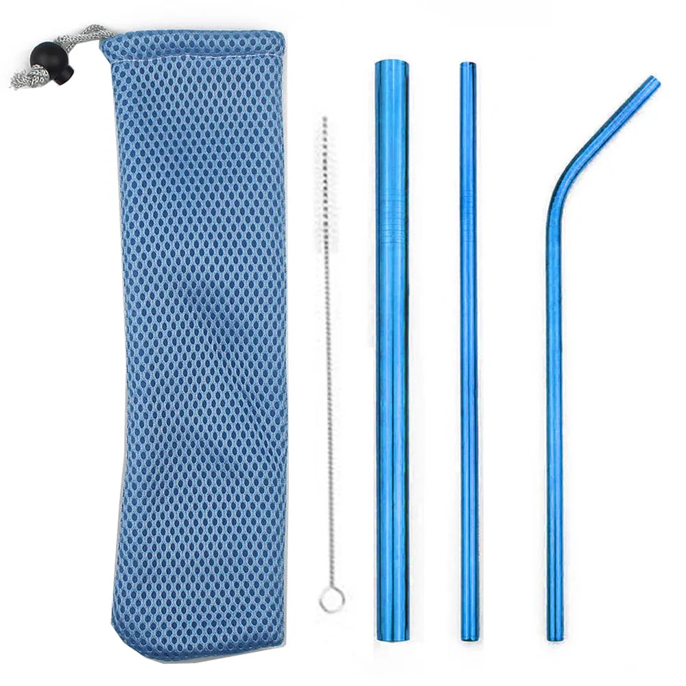 5Pcs Bubble Tea Stainless Steel Straw Reusable Drinking Straws Set Curved Metal Straws Bag with Brush For Smoothies Juice Tea - Цвет: Blue