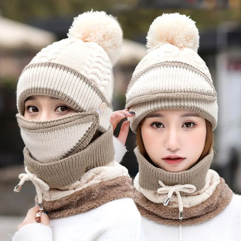                         beanie women winter hats for women skullies beanies for ladies winter beanie hat solid pink black hat scarf set hat neck warmer mask (10)