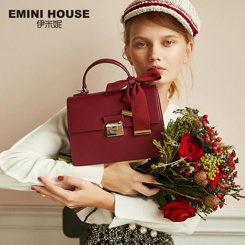 EMINI HOUSE Лук Сумочка с бантом спилок кожа замок сумка Роскошные сумки женские дизайнерские мессенджеры на